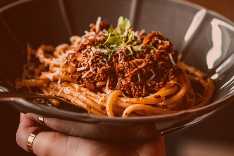 A bowl of spaghetti bolognese.
